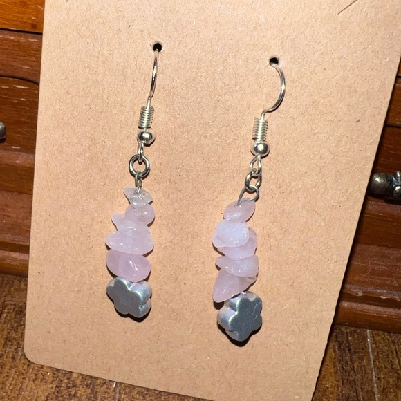 Vintage Pink Rose Quartz Silver Star Pendant Dangle Earrings - Picture 4 of 7